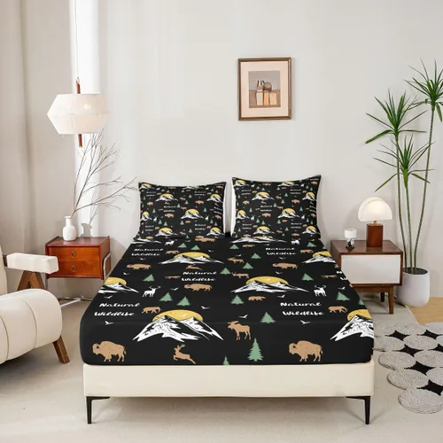 Vista 4 de Erosebridal Happy Camping - Sábana bajera ajustable individual para niños, diseño de animales del bosque del bosque, para bebés, niños y niñas