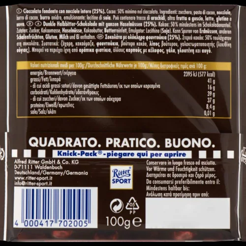 Vista 2 de Ritter Sport Barras de chocolate negro con avellanas enteras de 3.5 onzas/3.53 oz, paquete de 4