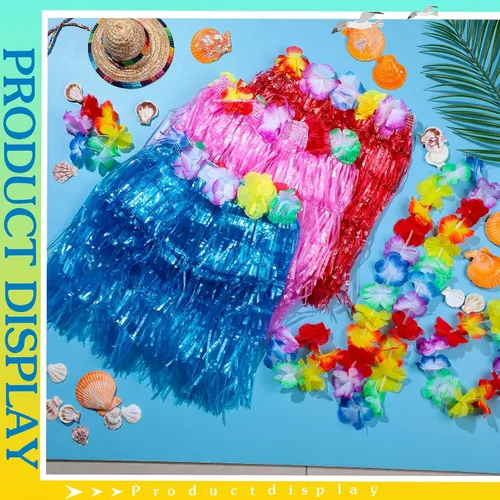 Vista 5 de Juego de 50 faldas de hula con flores, 10 faldas de hierba hawaiana para niñas, 10 Leis hawaianos 10, collar Luau, 20 pulseras tropicales, traje