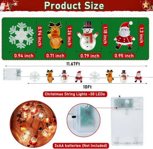 Vista 2 de [Temporizador] Luces de Navidad a pilas de 10 pies de Papá Noel, alce, copo de nieve, luces para decoración de árboles en interiores y exteriores