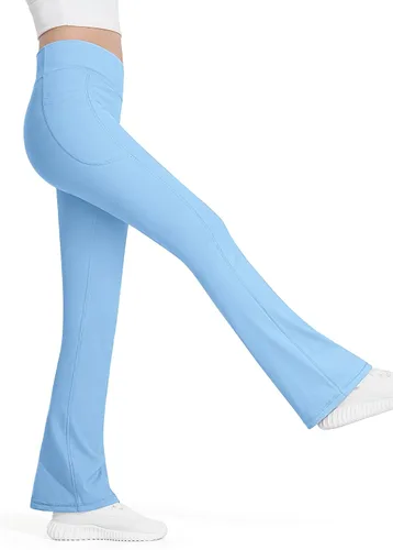 Vista 3 de HASMES Leggings acampanados para niñas con bolsillos, parte inferior acampanada, cintura alta, pantalones de yoga para danza, ropa deportiva