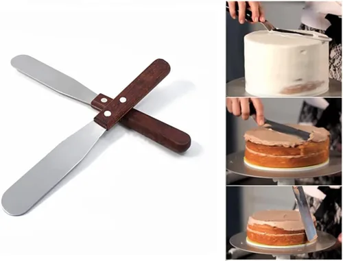 Vista 5 de Paquete de 2 espátulas de acero inoxidable de 6 pulgadas, espátula para decoración de pasteles con mango de madera para untar queso, queso
