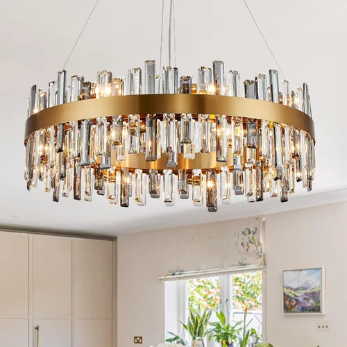 Vista 24 de Siljoy - Candelabro de cristal moderno, 12 luces, lujoso, redondo, de 2 niveles, con cristal K9 en forma de gota de lluvia, lámpara colgante de Oro