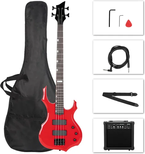 Vista 8 de Ktaxon - Kit de bajo eléctrico, tamaño completo, diseño de llama, color negro Full Equipment with 20 Watt Amplifier, Portable Bass Bag, Superior