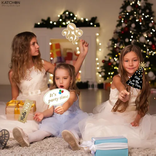 Vista 8 de Katchon, Accesorios para cabina de fotos de Año Nuevo con purpurina – Paquete de 35 Accesorios de cabina de fotos NYE para suministros de fiesta