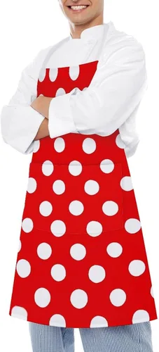 Vista 4 de MUSM Red And White Polka Dots Apron，Classic Vintage Funny with Pockets Aprons,Adjustable Bib Waterdrop Resistant for Kitchen Cooking Restaurant BBQ