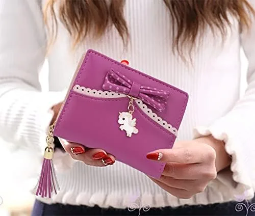Vista 2 de UTO - Billetera para niñas de cuero vegano, lindo gato colgante, organizador de tarjetas, monedero para mujeres, Unicorn Ace Rose Pink, S
