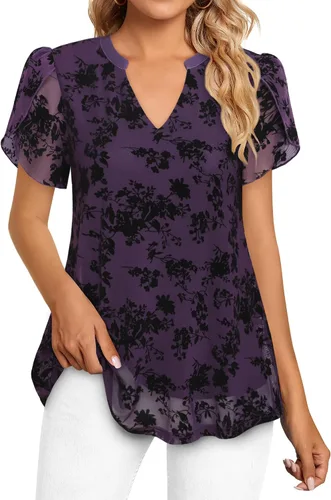 Vista 2 de Bebonnie Blusas de verano con volantes de manga corta para mujer, blusas elegantes florales