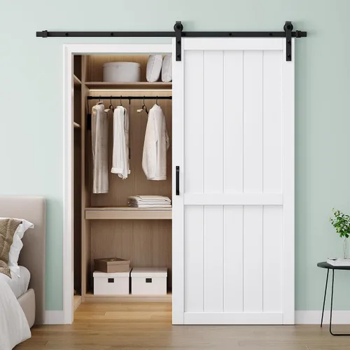 Vista 21 de 30"x84" 1-Lite Double Side Mirror Barn Door Slab with 6FT Track Kit, Handle White / 1-Lite Double Side Mirror