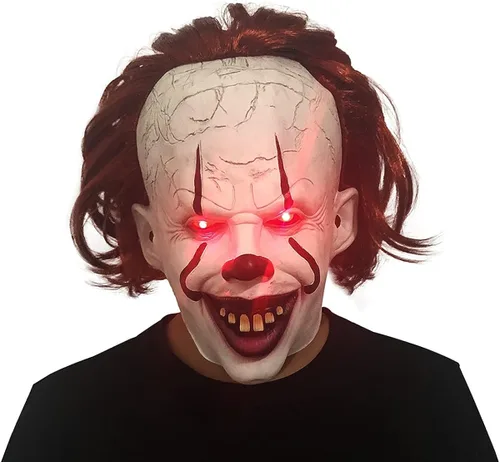 Vista 7 de Led Light Up Clown Mask Joker Cosplay Costume Mask with Hair Scary Adult Masks Dress Up Halloween Party Props