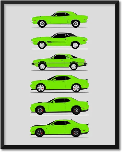 Vista 13 de Custom Car Posters Póster hecho a mano compatible con Dodge Challenger Generations e impresión de Challenger SRT, multicolor, impresión metálica