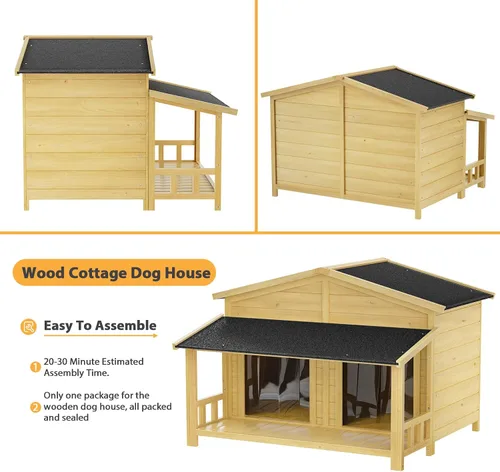 Vista 2 de Ritsu Casa para perros de 47.2 pulgadas, resistente al agua, casa de madera para perros para exteriores e interiores, estilo cabaña de troncos