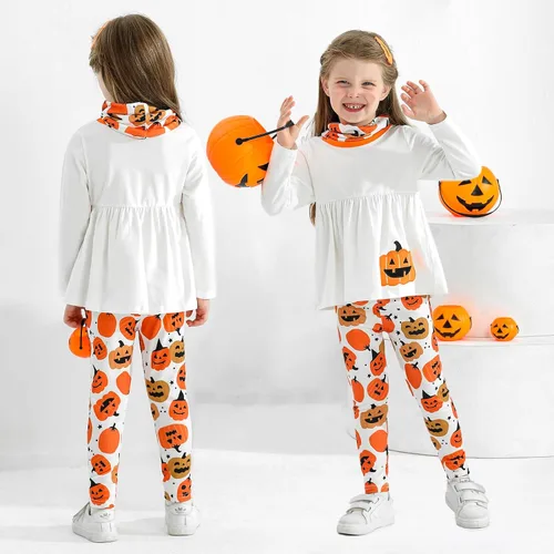 Vista 2 de Conjunto de ropa de 3 piezas de ropa de manga larga con volantes de calabaza para bebé niña pequeña con bufanda