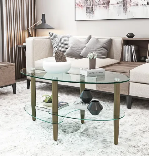 Vista 4 de Mesa de centro ovalada con almacenamiento, moderna mesa de vidrio de 3 capas para sala de estar (marrón)