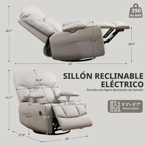 Vista 2 de SUNWAVE Power Nursery Rocking Chair with Adjust Armrest & Smart Cup Holder Gris