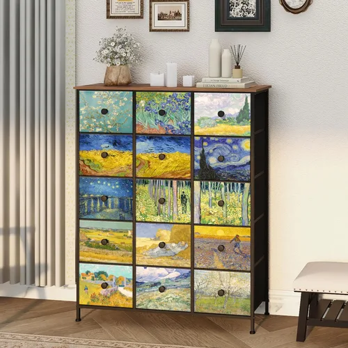 Vista 4 de EXOTICA - Cómoda grande con 15 cajones, cómoda alta de tela Van Gogh para dormitorio, sala de estar, entrada, armario con marco de metal resistente
