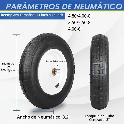 Vista 2 de GICOOL Neumático de goma para carretilla, rueda neumática de 14 pulgadas, cubo centrado de 3"-6", rodamientos de bolas de 5/8" y 3/4", repuesto