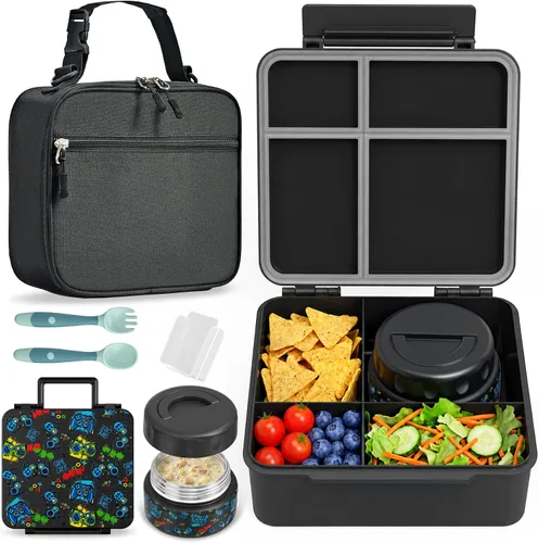 Vista 8 de Lonchera Bento para niños con contenedor térmico de alimentos (9 onzas), lonchera de 4 compartimentos, divisor ajustable, lonchera Bento a prueba