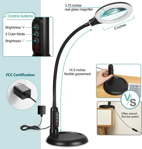 Vista 2 de Lupa 10X con luz y abrazadera, 5 modos de color, lupa iluminada regulable sin escalones con soporte, lámpara de escritorio LED de cuello de cisne