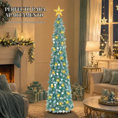 Vista 3 de Árbol de Navidad desplegable de 5 pies con estrella superior iluminada, azul aguamarina Aqua Blue