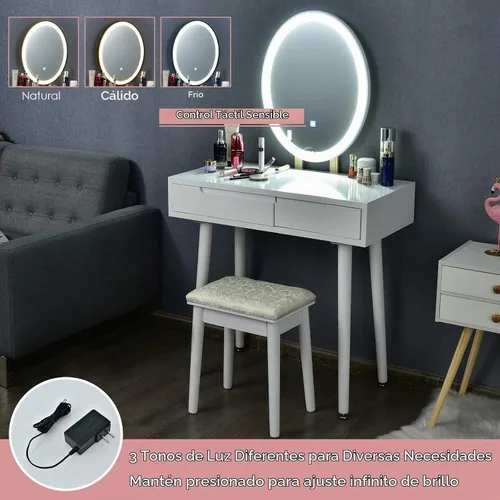 Vista 3 de CHARMAID Juego de tocador con espejo iluminado, espejo de brillo ajustable de 3 modos, tocador de maquillaje con taburete acolchado, 2 cajones