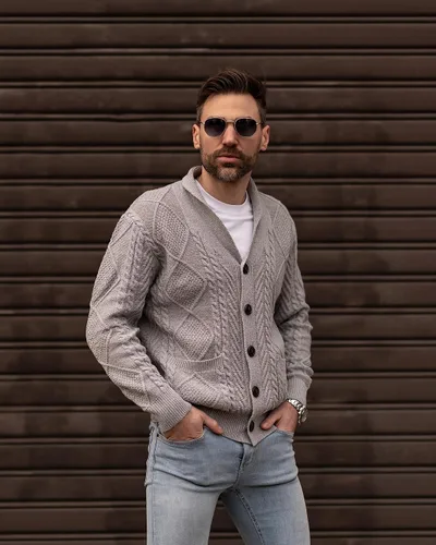 Vista 3 de JMIERR Men's Casual Long Sleeve Shawl Collar Buttons Down Cable Knit Cardigan Sweater with Pockets