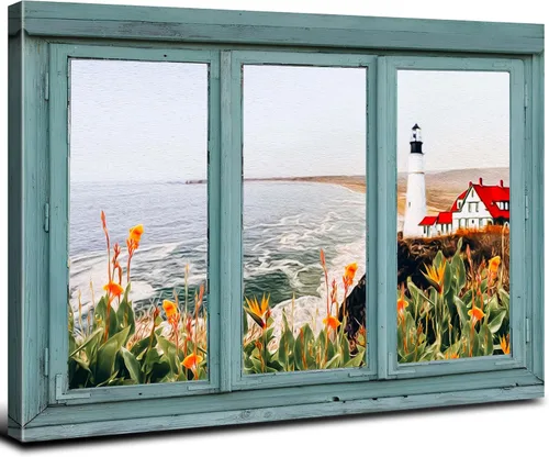 Vista 8 de Cuadro de pared con ventana de playa, paisaje oceánico, decoración de pared, paisaje costero, gaviota, impresiones en lienzo, pintura tropical