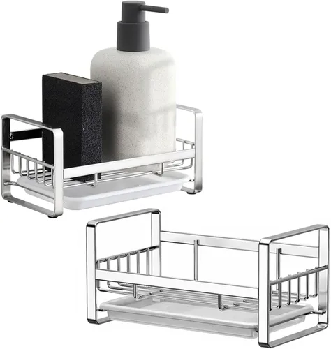 Vista 8 de Soporte para esponja de cocina, organizador de fregadero de cocina, bandeja para fregadero, soporte para jabón, acero inoxidable, plateado