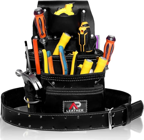 Vista 2 de Bolsa de herramientas de cuero AP LEATHER Pro-015 para construcción, resistente, con soporte para martillo, hebilla, 3 bolsillos grandes