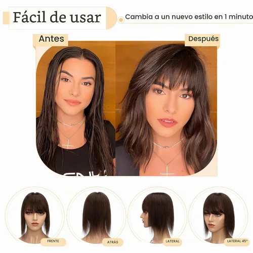 Vista 5 de SEGO Toppers para el cabello para mujer, cabello humano real con flequillo, 2.8 x 5.1 in, base de seda, 100% cabello humano Remy, clip en la parte