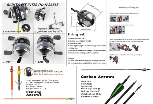 Vista 5 de Kit de arco compuesto de pesca con arco listo para pescar, con carrete de pesca de arco, flechas de pesca con arco mano derecha e izquierda