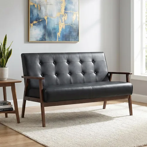 Vista 8 de 51" Black Faux Leather Mid Century Modern Loveseat for Living Room