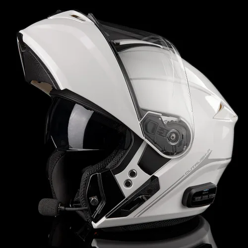 Vista 2 de Sena Outrush R - Casco modular de motocicleta Bluetooth con sistema de intercomunicación (blanco brillante, pequeño)