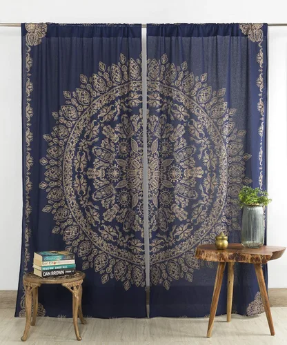Vista 8 de Popular Handicrafts Cortina de ventana de mandala hippie indio, bohemio, color negro, dorado, para dormitorio, sala de estar, balcón, cenefa
