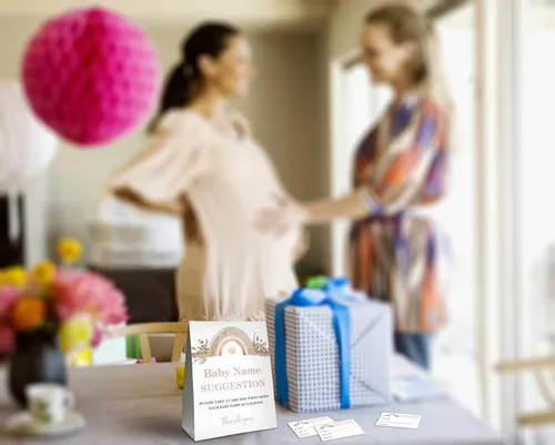 Vista 4 de Yuansail Sugerencia de nombre de bebé para juegos de baby shower, tarjeta de juego de sugerencia de nombre de arco iris bohemio, suministros