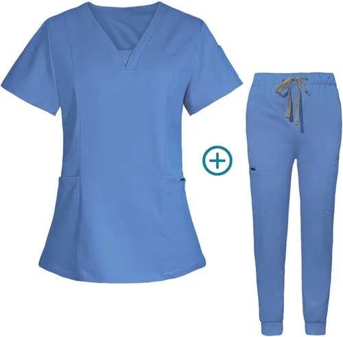 Vista 2 de Qliuoazw Conjunto de uniforme médico para enfermera, uniforme médico, sólido, elástico, traje de uniforme médico, cuello en V, bolsillo, camisas