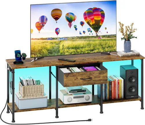 Vista 11 de GYIIYUO Soporte de TV LED con toma de corriente y cajón de tela para TV de 55, 50, 45 pulgadas, centro de entretenimiento y consola de TV industrial