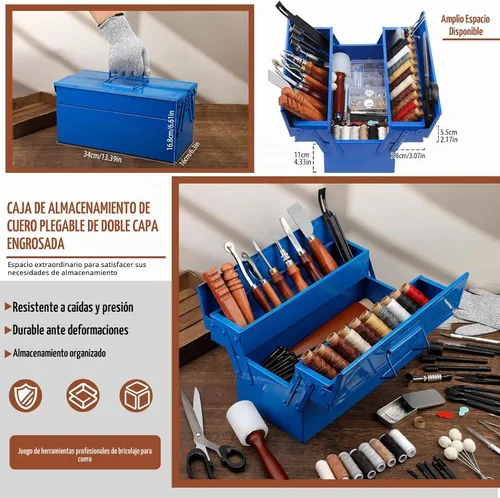 Vista 3 de Kit de herramientas de trabajo de cuero, kit de herramientas de cuero con caja de almacenamiento de doble capa, kit de costura resistente