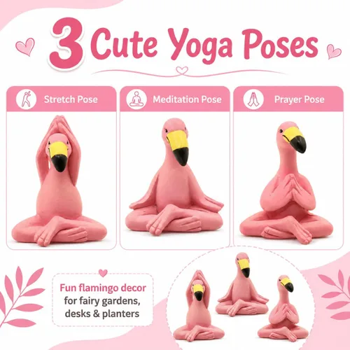 Vista 4 de Goodeco Mini figuras de flamenco de yoga de 2.4 pulgadas, pequeños regalos caprichosos Kawaii Pink Flamingo Decoración de escritorio, juego de 3