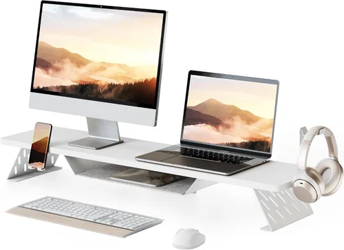 Vista 11 de Fenge Soporte de monitor doble, elevador de monitor de 42.5 pulgadas para escritorio, estante de escritorio de madera para 2 monitores, estante