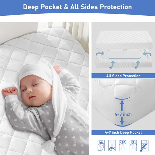Vista 4 de GRT Paquete de 1 protector de colchón impermeable para cuna, funda acolchada para colchón de bebé, bolsillo profundo ajustable de 4 a 9 pulgadas