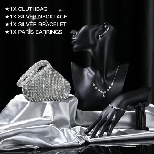 Vista 6 de Meanplan 4 Pcs Silver Clutch Purse Jewelry Set for Women Evening Rhinestone Purse Silver Accessories for Women Bride Wedding Jewelry (Noble Style)