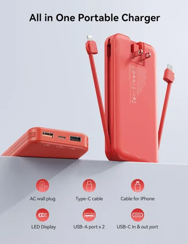Vista 2 de Banco de poder aonidi de 12000mAh ultraportátil con cables y enchufe de pared AC incorporados, paquete de batería para teléfono celular con carga