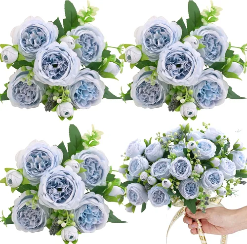 Vista 10 de ASTRYAS 4 piezas de peonías artificiales rosas de seda, flores de peonía de seda falsas, ramo de peonías artificiales de seda para centro de mesa 4