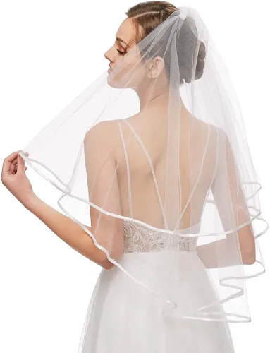 Vista 5 de Bridal Veil Womens Simple Tulle Short Wedding Veil Ribbon Edge with Comb for Wedding Bachelorette Party