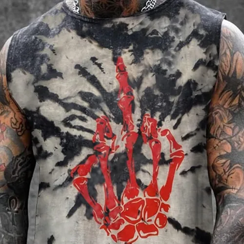 Vista 3 de Camiseta sin mangas con estampado de calavera callejera para hombre, sin mangas, cuello redondo, deportes musculares, acondicionamiento físico