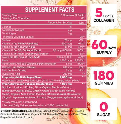 Vista 2 de Gomitas de Colágeno para Mujer, Péptidos de Colágeno Hidrolizado Tipo I, II, III, V, X, 0 Azúcar, Gomitas de Colágeno para la Piel, Arrugas