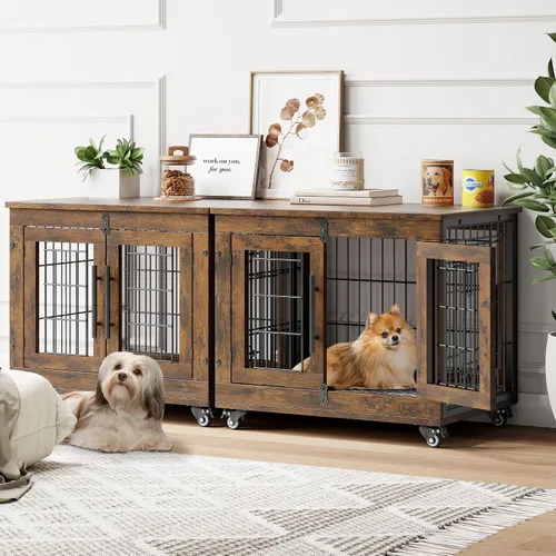 Vista 25 de YaFiti Mueble de jaula para perros con cojín, perrera de madera para interiores con puertas dobles, jaula para perros con ruedas, mesa auxiliar