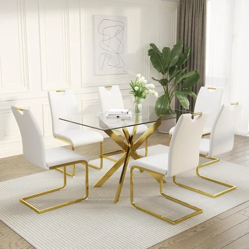Vista 13 de Juego de mesa de comedor de vidrio de 51 pulgadas para 4 personas con tapa de vidrio templado, color negro Patas de metal negro, sillas de cuero