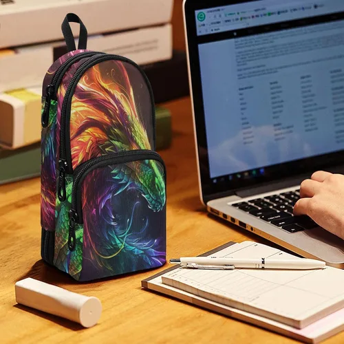 Vista 6 de Estuche para lápices de dragón arcoíris de gran capacidad, con compartimento, organizador de papelería con forma de mochila escolar